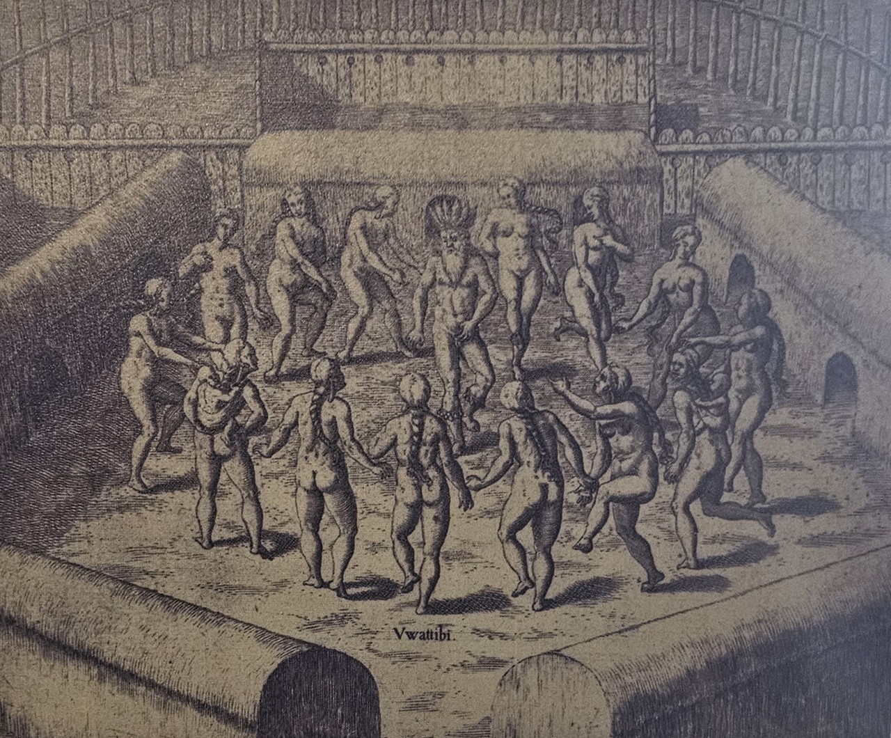 Hans Staden no meio da Dança das Mulheres da Aldeia de Ubatuba - Gravura de Theodore de Bry