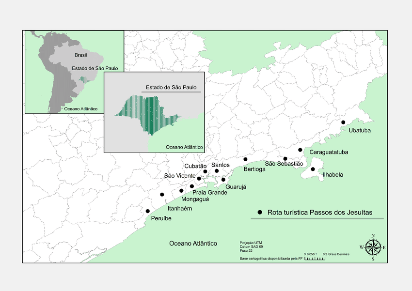 Cidades por onde passa a rota Passos dos Jesuítas-Anchieta. Elaboração Patricia Mariuzzo, 2016.