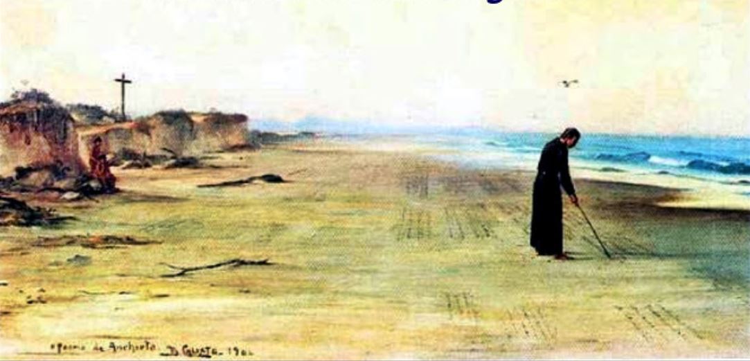 Ilustração do Padre Anchieta escrevendo nas areias de Ubatuba o Poema à Virgem