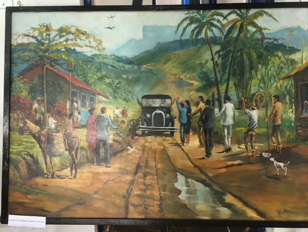 Ilustração da chegada do primeiro carro em Ubatuba - obra de Da Motta
